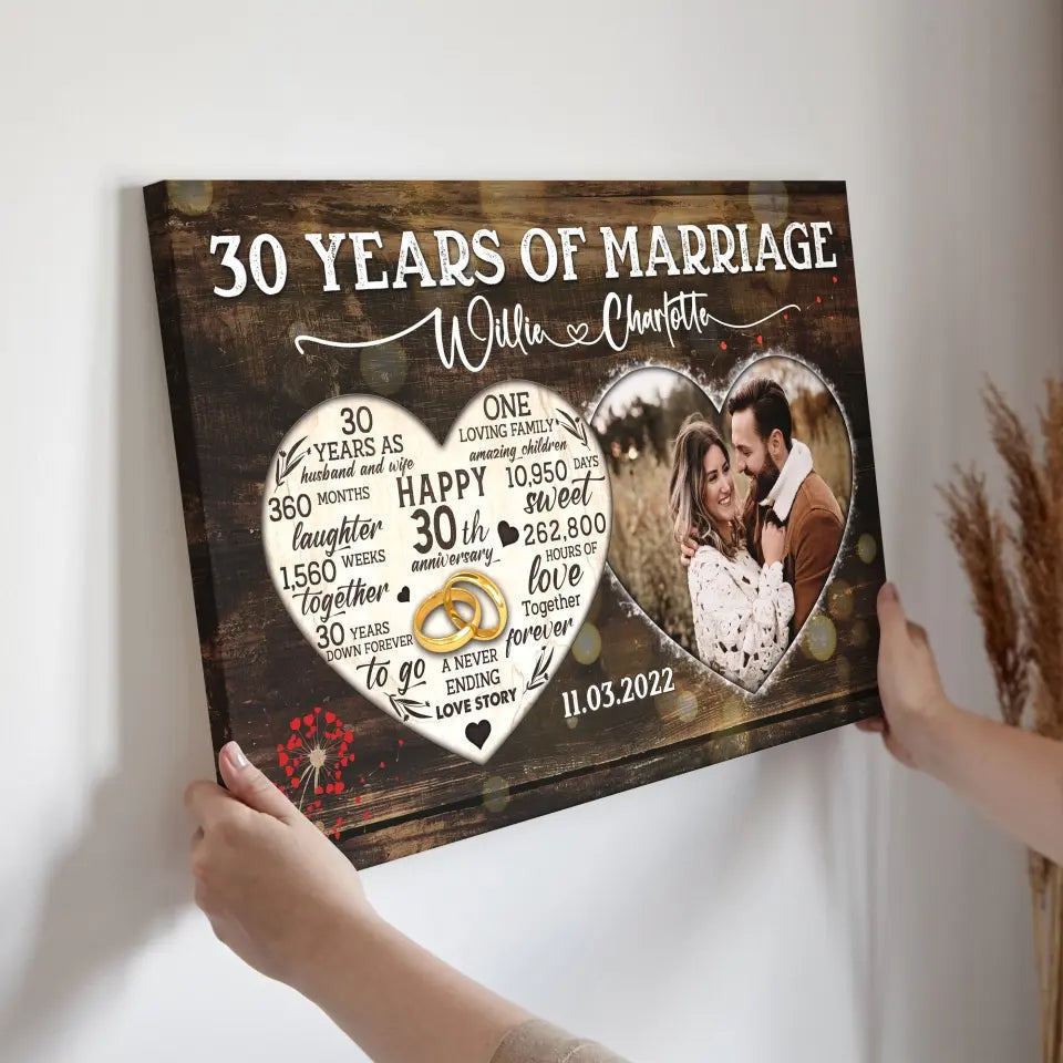 Personalized Canvas Prints, Custom Photo, Gifts For Couples, 30th Anniversary Gifts For Husband And Wife, Heart Frame 30 Years Of Marriage Canvas