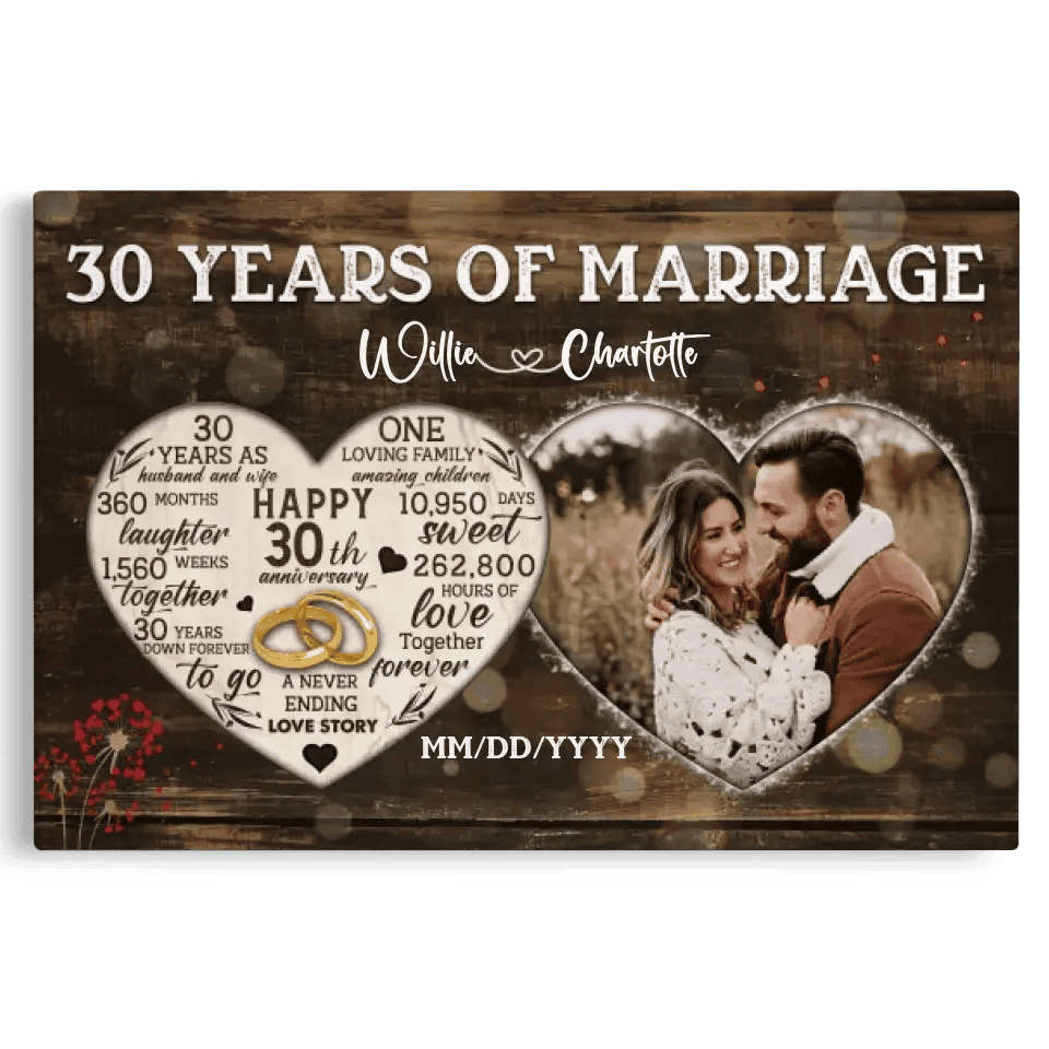 Personalized Canvas Prints, Custom Photo, Gifts For Couples, 30th Anniversary Gifts For Husband And Wife, Heart Frame 30 Years Of Marriage Canvas