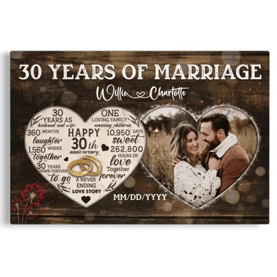 Personalized Canvas Prints, Custom Photo, Gifts For Couples, 30th Anniversary Gifts For Husband And Wife, Heart Frame 30 Years Of Marriage Canvas