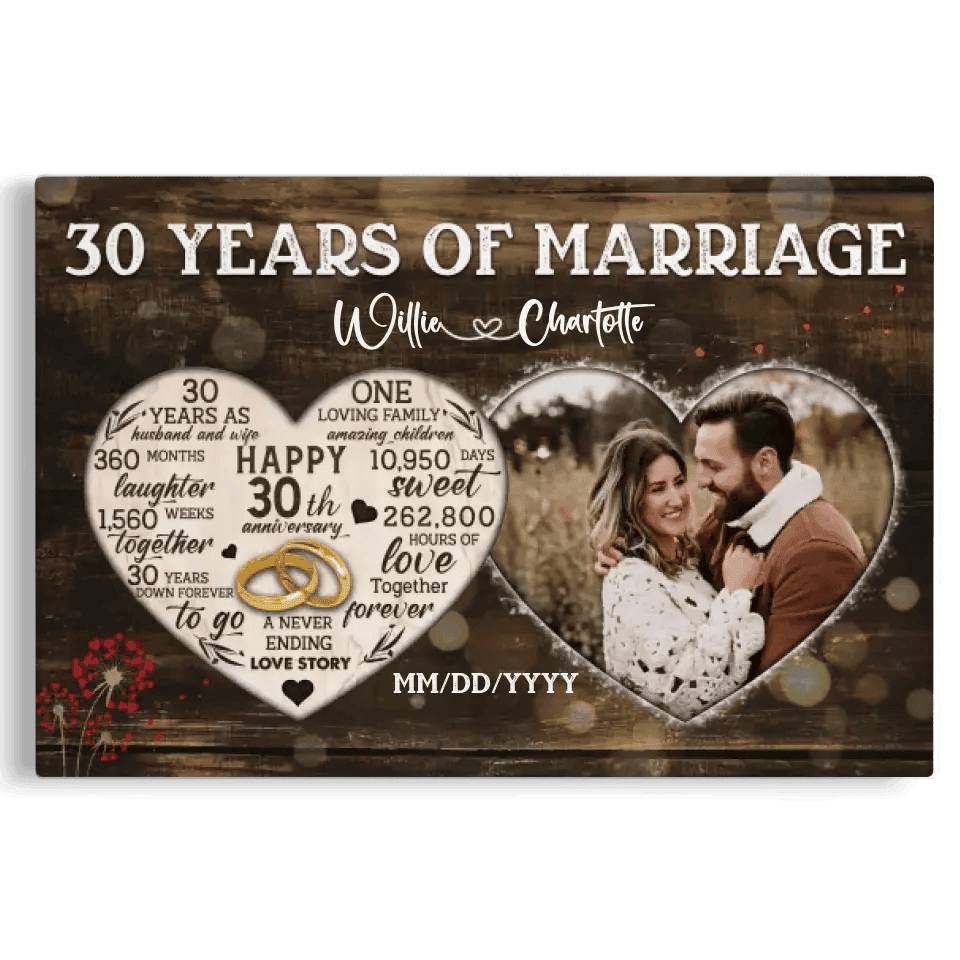 Personalized Canvas Prints, Custom Photo, Gifts For Couples, 30th Anniversary Gifts For Husband And Wife, Heart Frame 30 Years Of Marriage Canvas