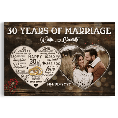 Personalized Canvas Prints, Custom Photo, Gifts For Couples, 30th Anniversary Gifts For Husband And Wife, Heart Frame 30 Years Of Marriage Canvas