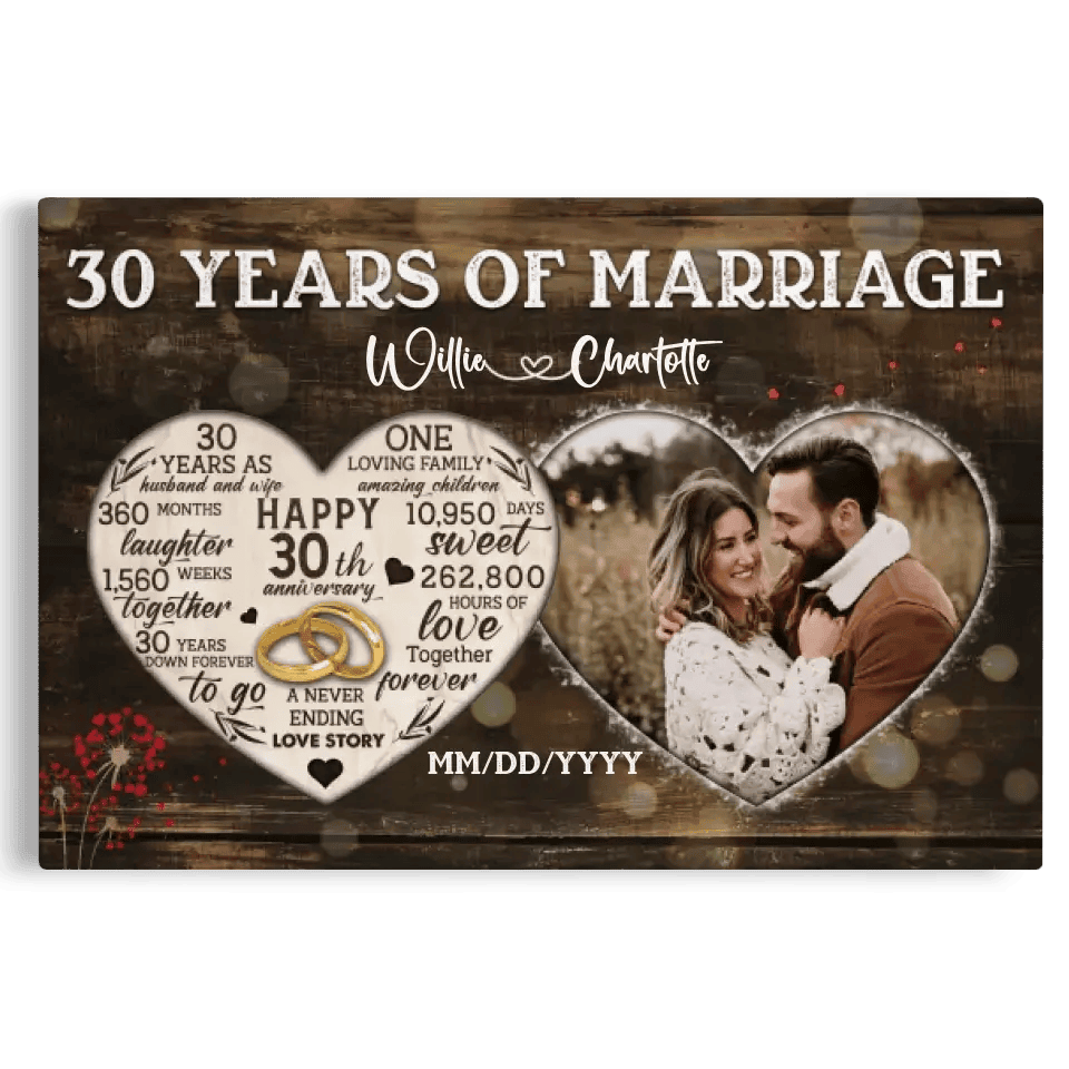 Personalized Canvas Prints, Custom Photo, Gifts For Couples, 30th Anniversary Gifts For Husband And Wife, Heart Frame 30 Years Of Marriage Canvas