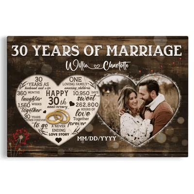 Personalized Canvas Prints, Custom Photo, Gifts For Couples, 30th Anniversary Gifts For Husband And Wife, Heart Frame 30 Years Of Marriage Canvas