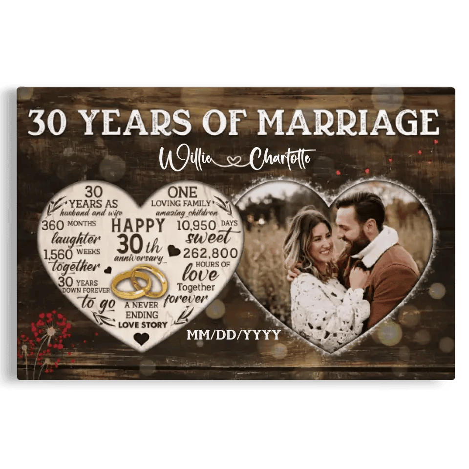 Personalized Canvas Prints, Custom Photo, Gifts For Couples, 30th Anniversary Gifts For Husband And Wife, Heart Frame 30 Years Of Marriage Canvas