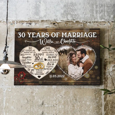 Personalized Canvas Prints, Custom Photo, Gifts For Couples, 30th Anniversary Gifts For Husband And Wife, Heart Frame 30 Years Of Marriage Canvas