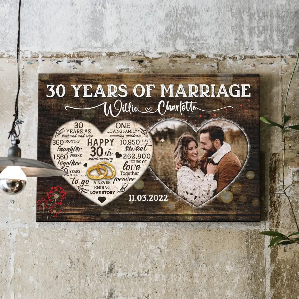 Personalized Canvas Prints, Custom Photo, Gifts For Couples, 30th Anniversary Gifts For Husband And Wife, Heart Frame 30 Years Of Marriage Canvas