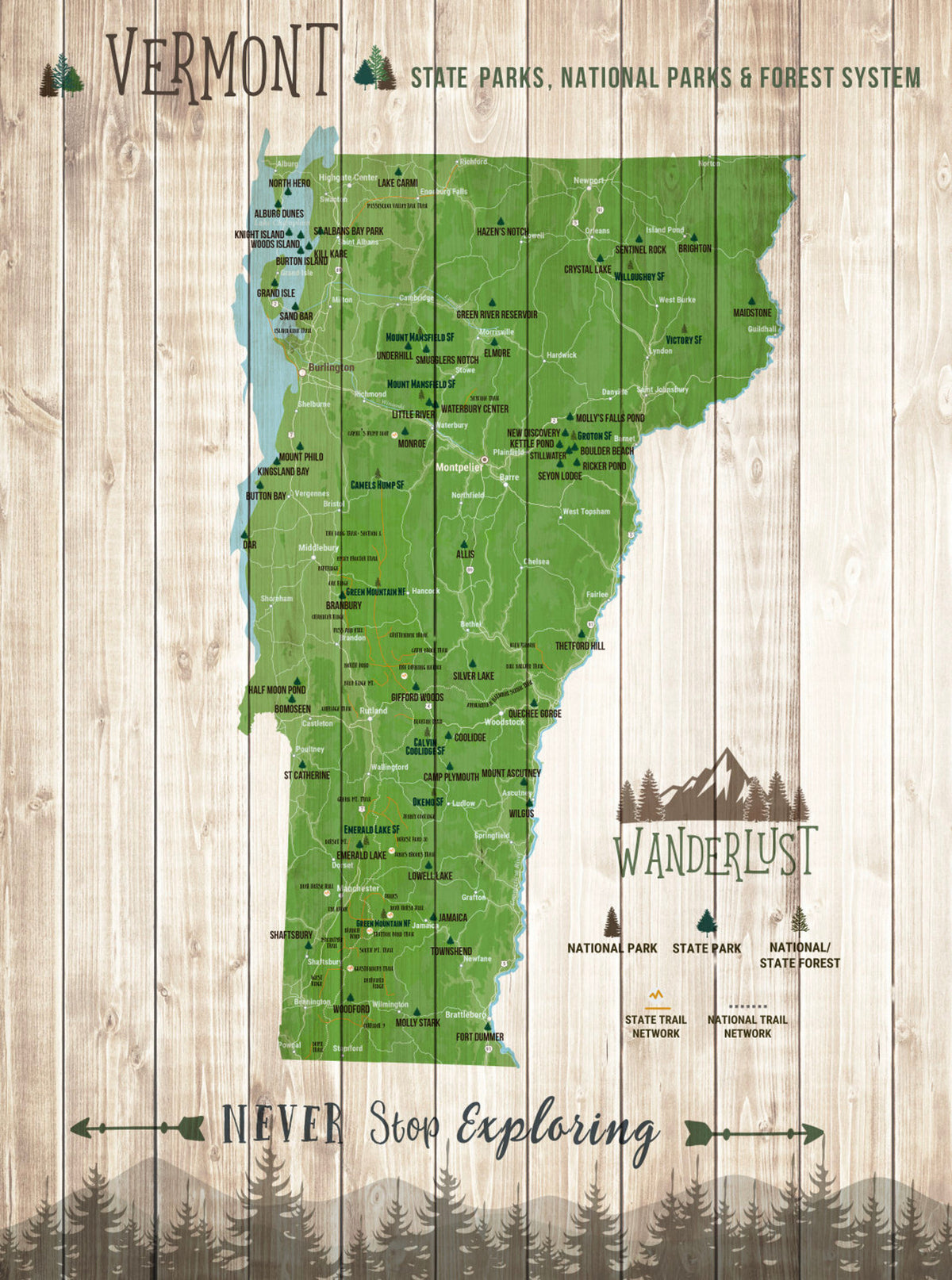 Aeticon Canvas Vermont Art print, Vermont Map Canvas, State Signs, State parks Map, Gift for Camper, RV decor, Vermont print, park checklist, Vermont weddings