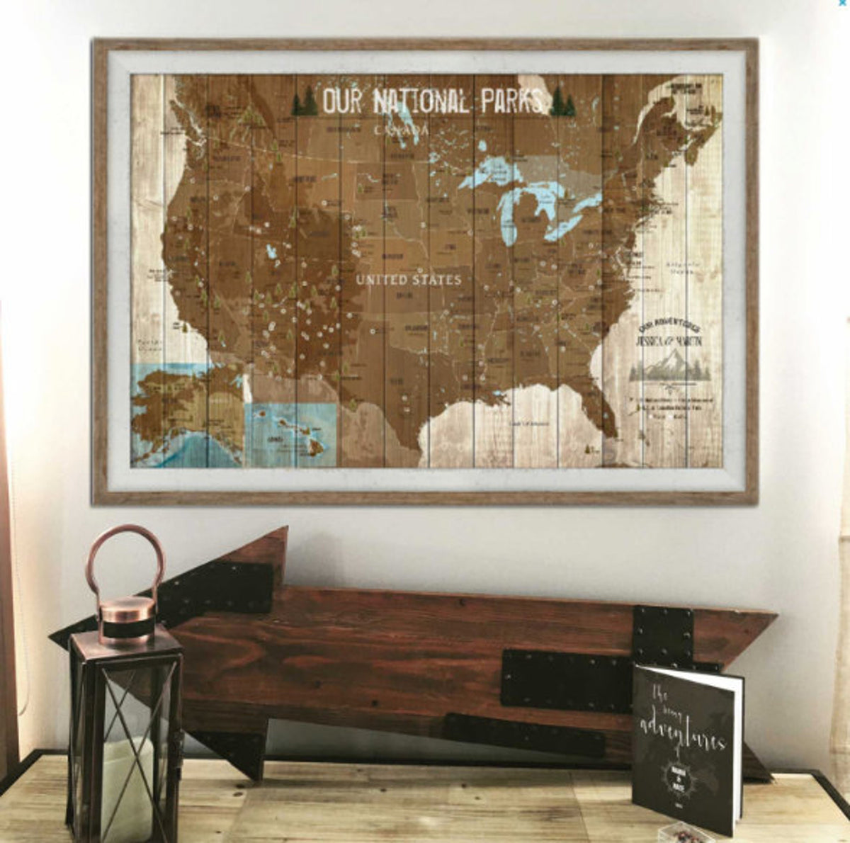 Aeticon Canvas National Park Map, Framed USA Map, Push Pin Travel Map, USA Parks, Hiking Map, Gift for hiker, Park Ranger, wedding gift, Adventure awaits
