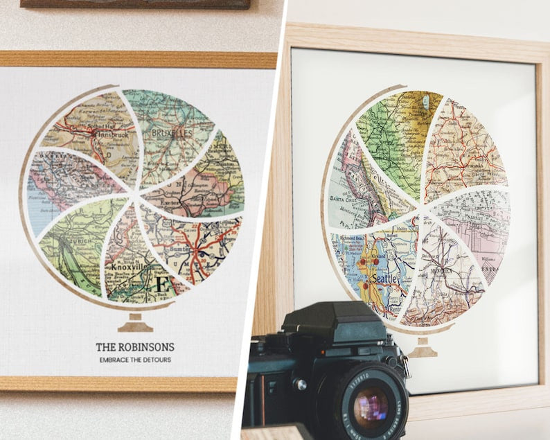 Custom Mid Century Globe Map, Valentine's Day Anniversary Gift For Her/ Him, Map Poster Canvas Wall Art