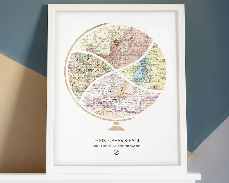 Custom Mid Century Globe Map, Valentine's Day Anniversary Gift For Her/ Him, Map Poster Canvas Wall Art