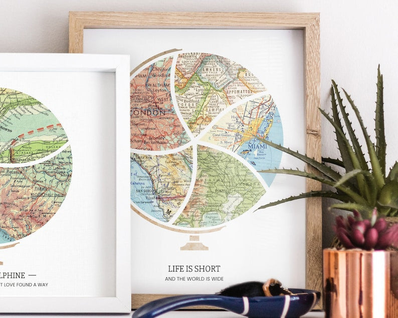 Custom Mid Century Globe Map, Valentine's Day Anniversary Gift For Her/ Him, Map Poster Canvas Wall Art