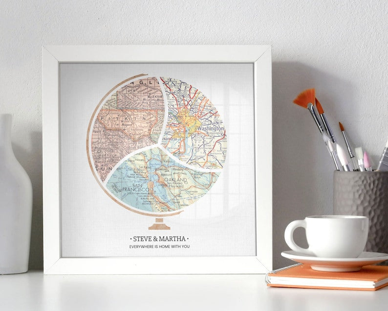 Custom Mid Century Globe Map, Valentine's Day Anniversary Gift For Her/ Him, Map Poster Canvas Wall Art