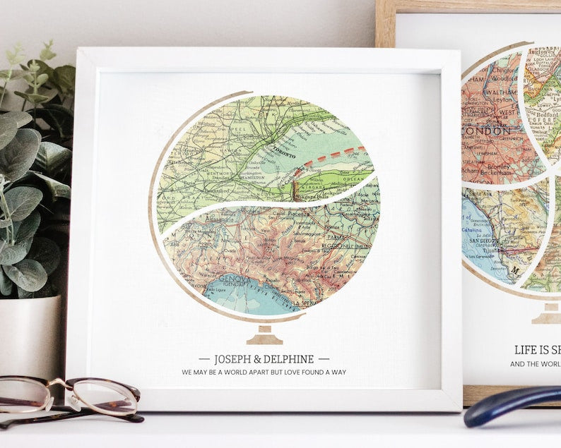 Custom Mid Century Globe Map, Valentine's Day Anniversary Gift For Her/ Him, Map Poster Canvas Wall Art