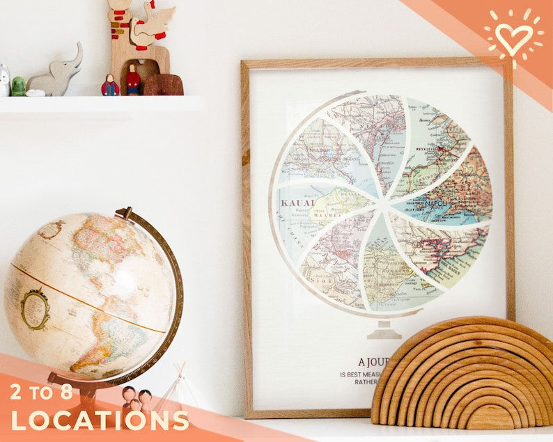 Custom Mid Century Globe Map, Valentine's Day Anniversary Gift For Her/ Him, Map Poster Canvas Wall Art