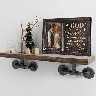 Personalized Canvas Prints, Custom Photo, Beautiful Couple, Happy Wedding, Red Rose, God Blessed The Broken Road Canvas