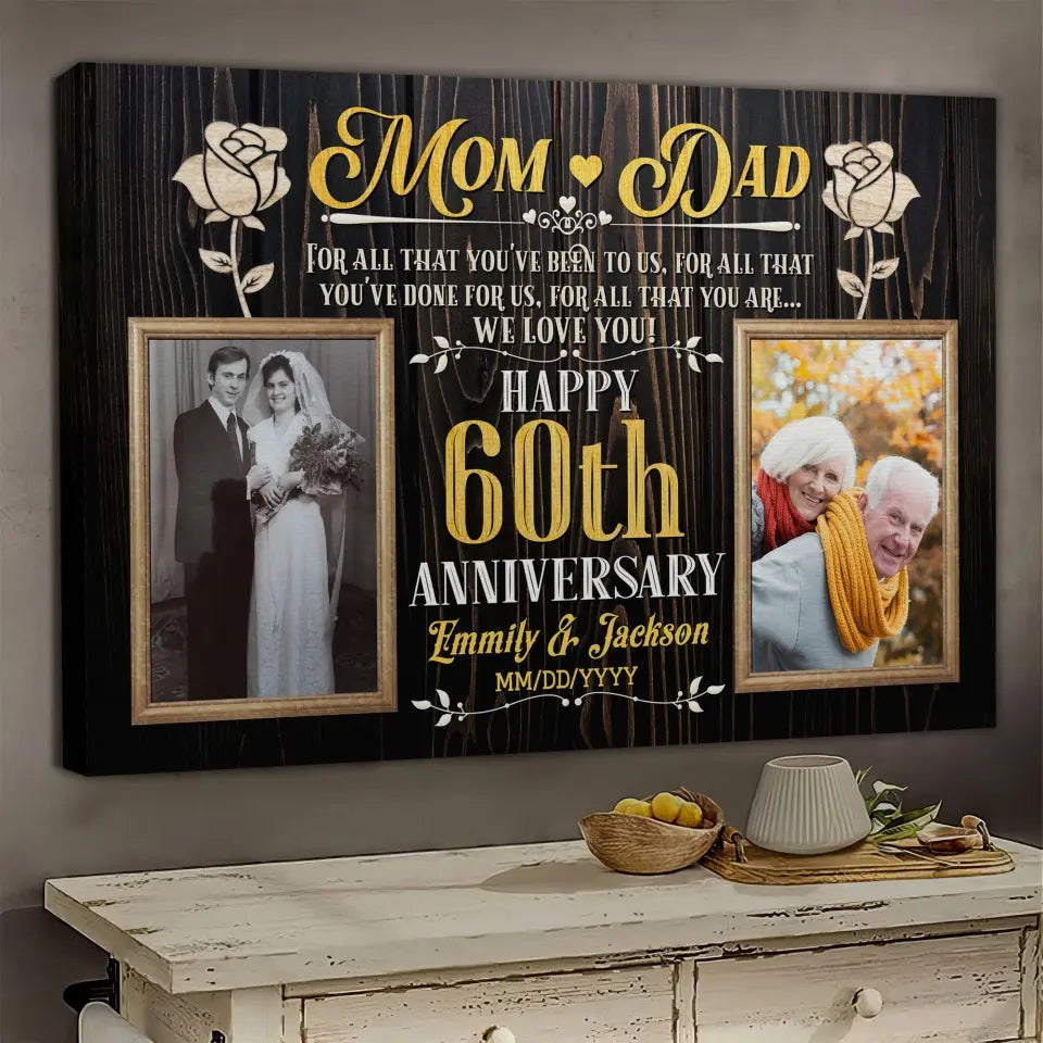Personalized Photo Canvas Prints, Gifts For Couples, Wedding Anniversary, Gift For Couples, Mom And Dad Happy 60th Anniversary Canvas