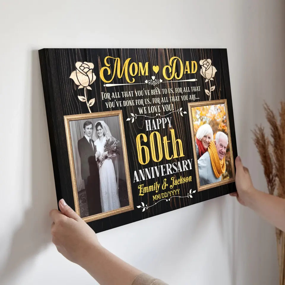 Personalized Photo Canvas Prints, Gifts For Couples, Wedding Anniversary, Gift For Couples, Mom And Dad Happy 60th Anniversary Canvas