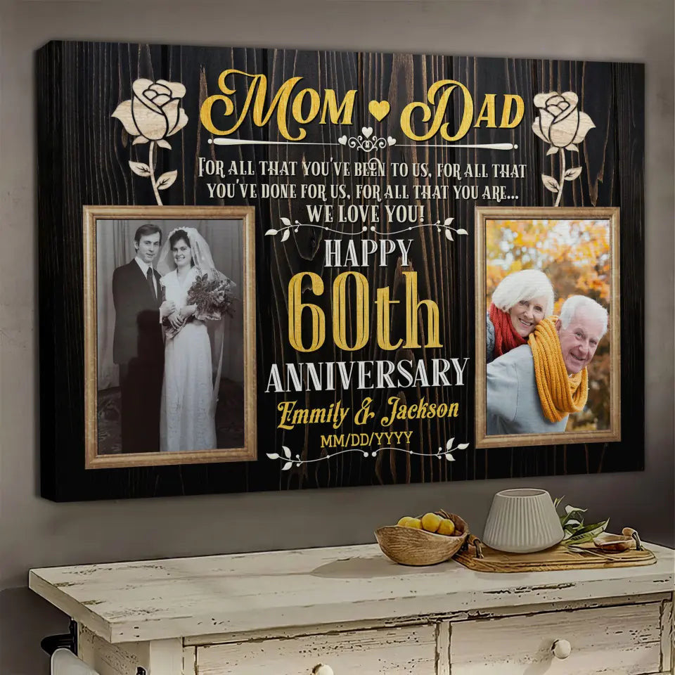 Personalized Photo Canvas Prints, Gifts For Couples, Wedding Anniversary, Gift For Couples, Mom And Dad Happy 60th Anniversary Canvas