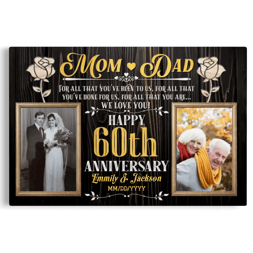 Personalized Photo Canvas Prints, Gifts For Couples, Wedding Anniversary, Gift For Couples, Mom And Dad Happy 60th Anniversary Canvas