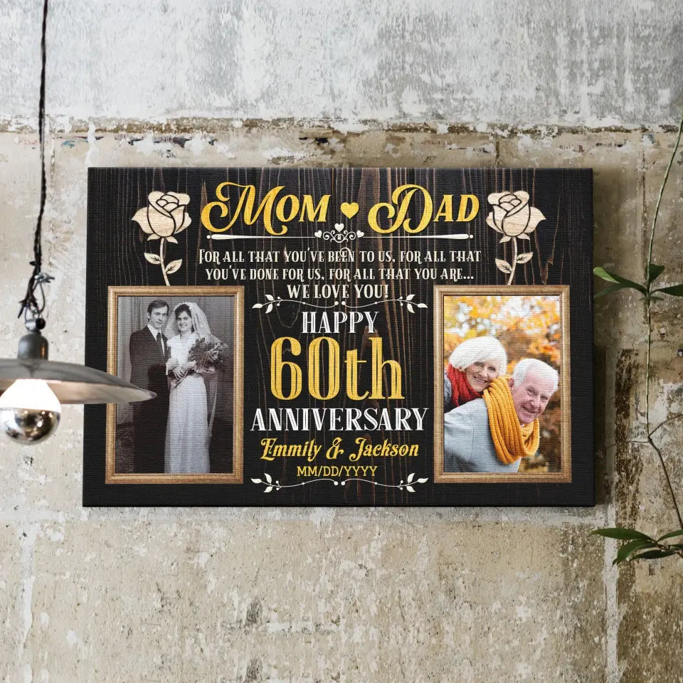 Personalized Photo Canvas Prints, Gifts For Couples, Wedding Anniversary, Gift For Couples, Mom And Dad Happy 60th Anniversary Canvas