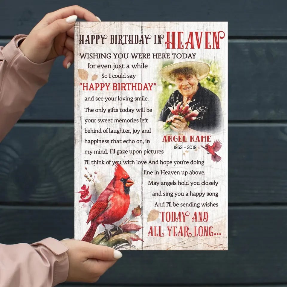 Personalized Canvas Prints, Custom Photo, Memorial Gifts, Sympathy Gifts, Remembrance Gifts, Red Cardinals Happy Birthday In Heaven Canvas