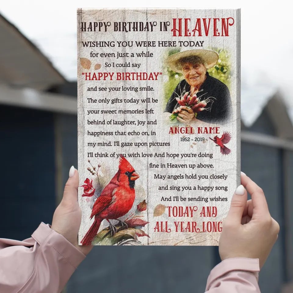 Personalized Canvas Prints, Custom Photo, Memorial Gifts, Sympathy Gifts, Remembrance Gifts, Red Cardinals Happy Birthday In Heaven Canvas