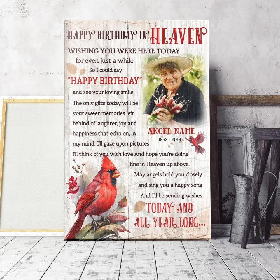 Personalized Canvas Prints, Custom Photo, Memorial Gifts, Sympathy Gifts, Remembrance Gifts, Red Cardinals Happy Birthday In Heaven Canvas