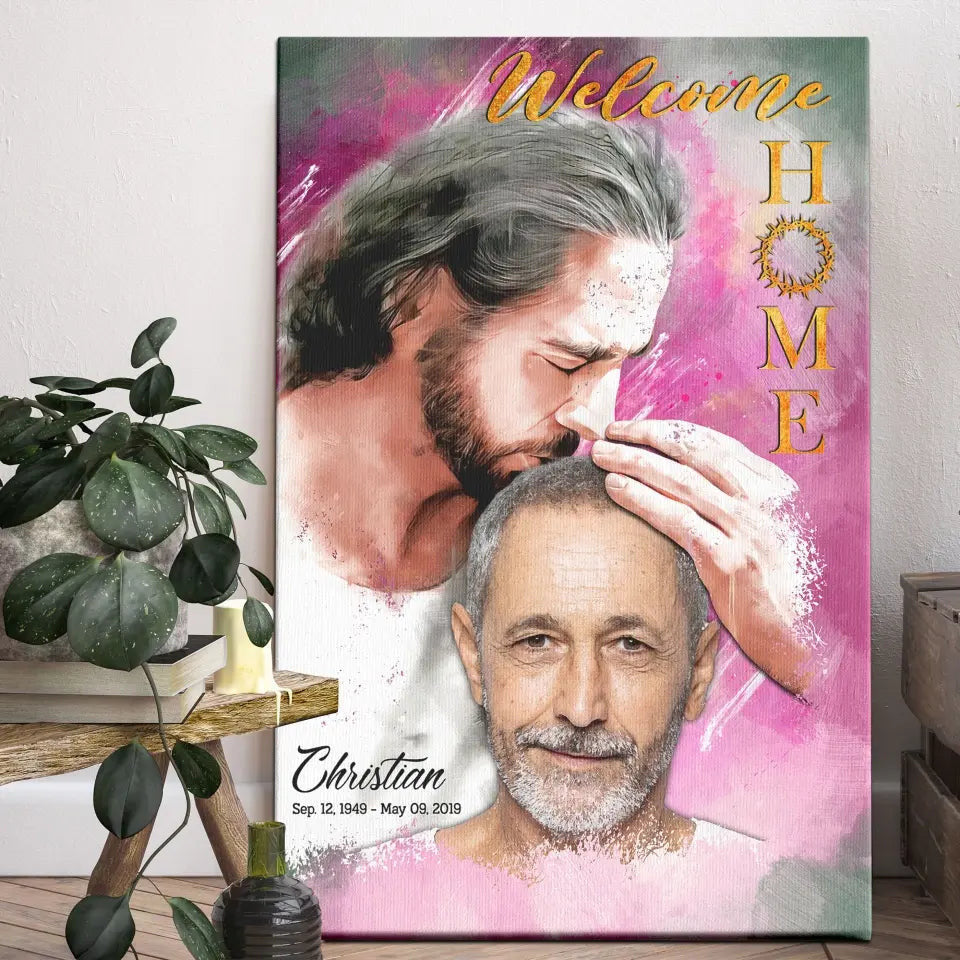 Personalized Canvas Prints, Custom Photo, Sympathy Gifts, Memorial Gift, Safe In The Arms Of Jesus, Welcome Home Watercolor Style Canvas