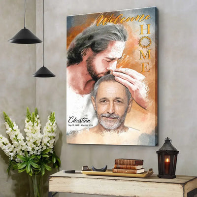 Personalized Canvas Prints, Custom Photo, Sympathy Gifts, Memorial Gift, Safe In The Arms Of Jesus, Welcome Home Watercolor Style Canvas