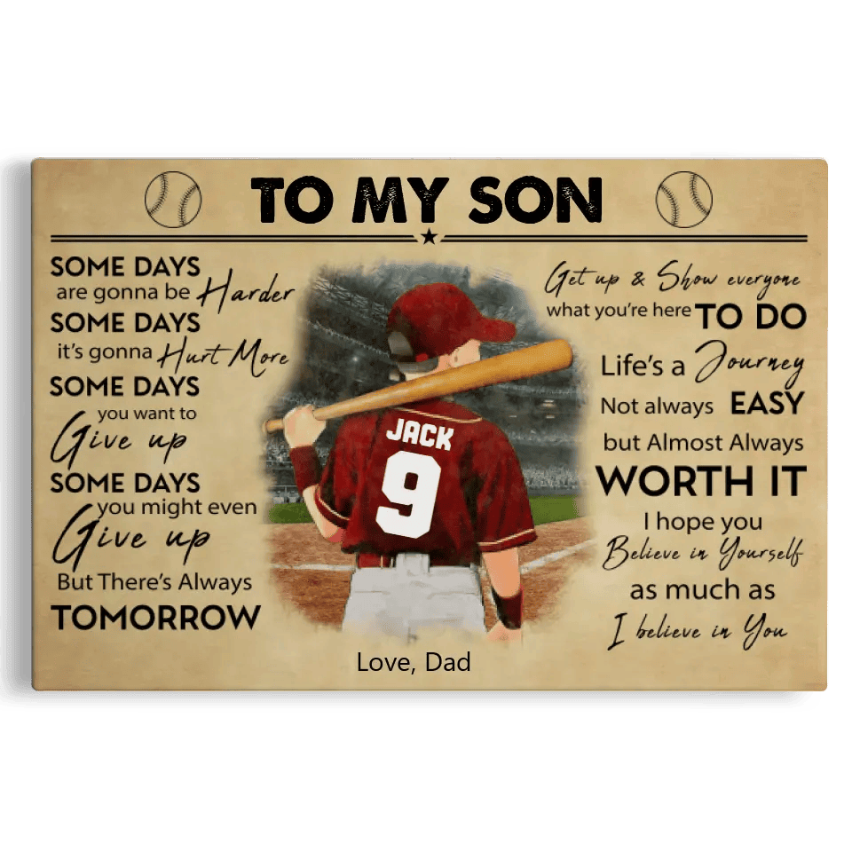 Personalized Canvas Prints Custom Clipart, Name, Number, Title, Sign And Background - To My Son, Baseball Player, Vintage Style Canvas