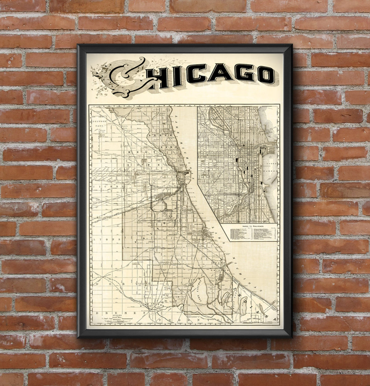 1897 Vintage Chicago Railroad Map: Old Map Of Chicago For Train Lovers, Housewarming Gift Idea, New Windy City Home Owner Gift Map Decor