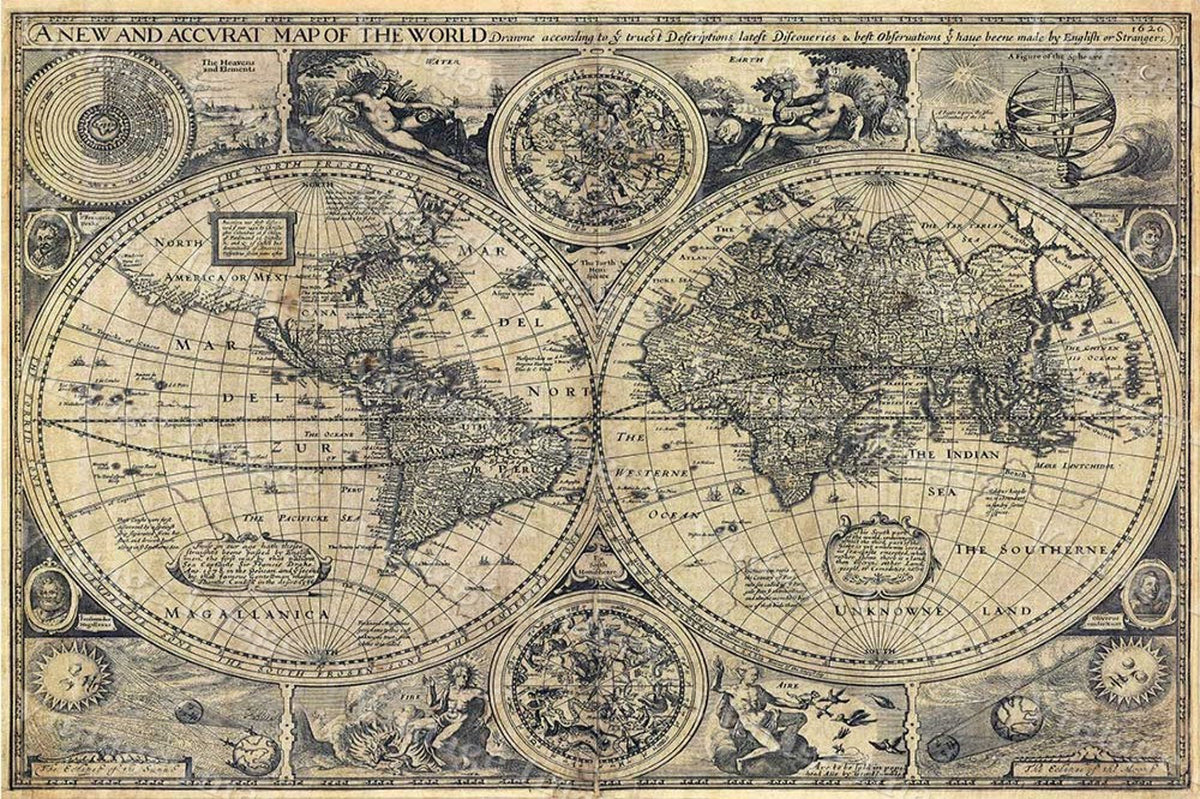 1626 Old World Map Historic Map Antique Style Wanderlust World Map Fine Print Old Map Of The World World Map Wall Decor Housewarming Gift