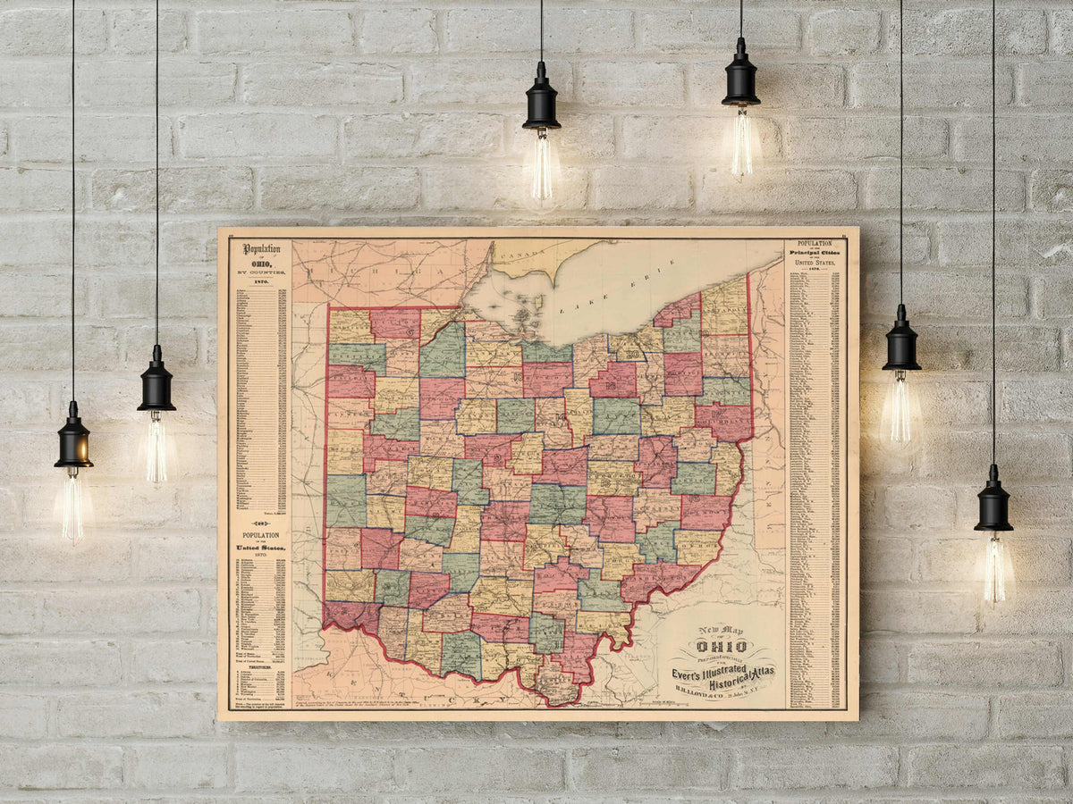 1874 Vintage Map Of Ohio Reproduction - A Perfect Housewarming Gift For History Buffs - Ohio Living Home Decor