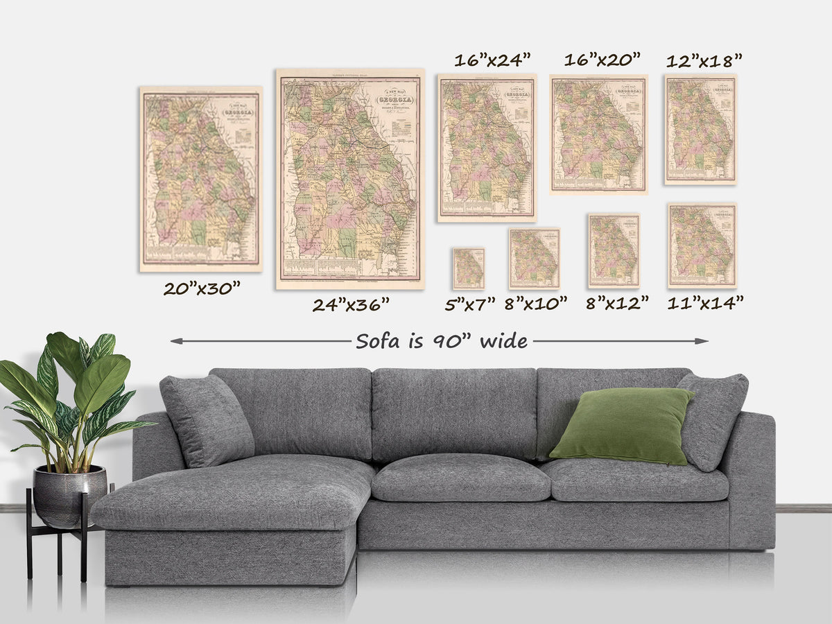 1850 Georgia Map Art Print State Map Of Georgia Travel Gift Idea Map Art Map Of Georgia Office Decor Atlanta Rustic Map Engagement Gift Art