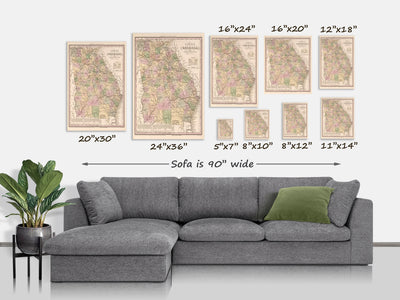 1850 Georgia Map Art Print State Map Of Georgia Travel Gift Idea Map Art Map Of Georgia Office Decor Atlanta Rustic Map Engagement Gift Art