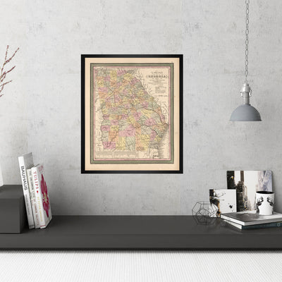 1850 Georgia Map Art Print State Map Of Georgia Travel Gift Idea Map Art Map Of Georgia Office Decor Atlanta Rustic Map Engagement Gift Art