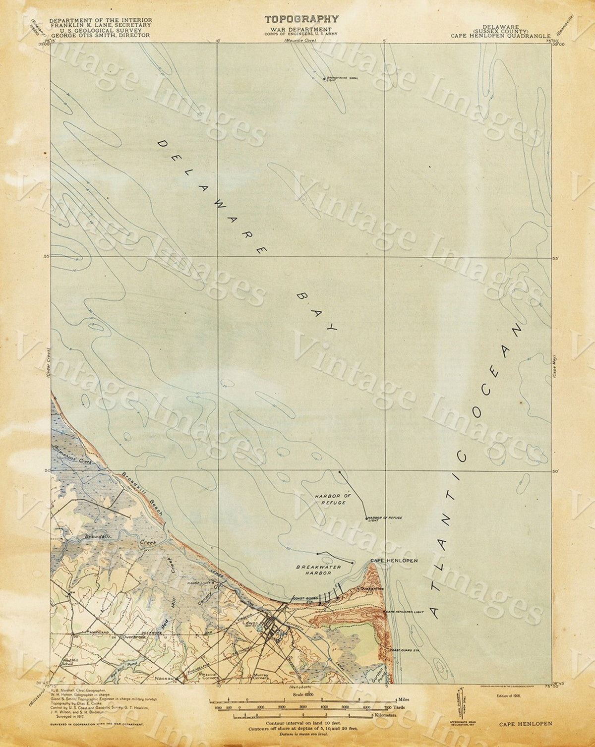Cape Henlopen Chart Map, Delaware Bay Chart 1918  Delaware Bay Map Antique Map Style Map Nautical Map Wall Map Print