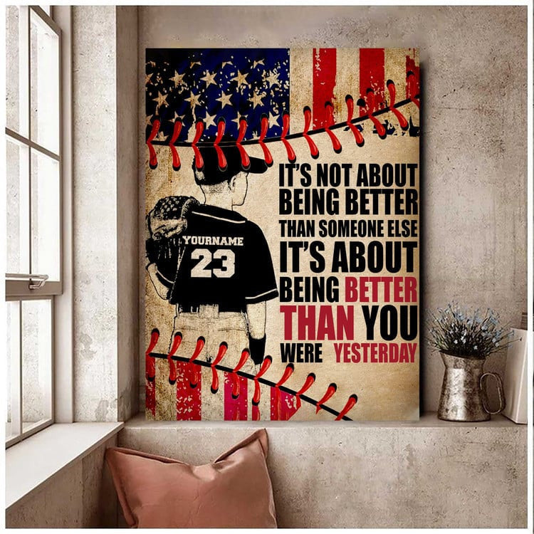 Personalized Baseball Wall Art, It's Not About Being Better Than Someone Else Canvas, Gift For Son, Baseball Lover