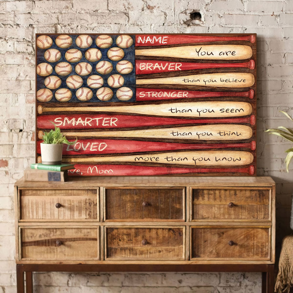 Personalized Baseball Gift For Son From Mom, Baseball Son Gift, Braver Stronger Canvas