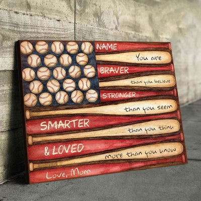 Personalized Baseball Gift For Son From Mom, Baseball Son Gift, Braver Stronger Canvas