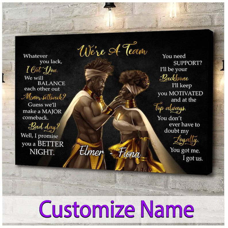 Black Couple King Queen We're A Team Poster Canvas, Valentines Day Gifts, Custom Afro King Afro Queen Poster, Husband Wife Poster
