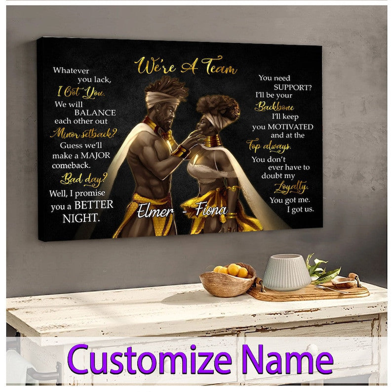 Black Couple King Queen We're A Team Poster Canvas, Valentines Day Gifts, Custom Afro King Afro Queen Poster, Husband Wife Poster