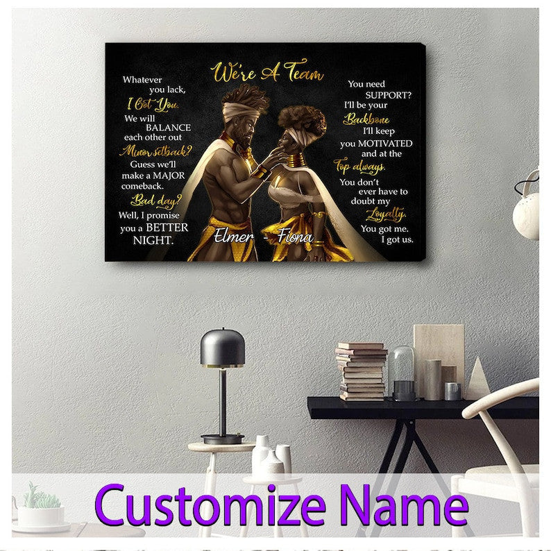 Black Couple King Queen We're A Team Poster Canvas, Valentines Day Gifts, Custom Afro King Afro Queen Poster, Husband Wife Poster