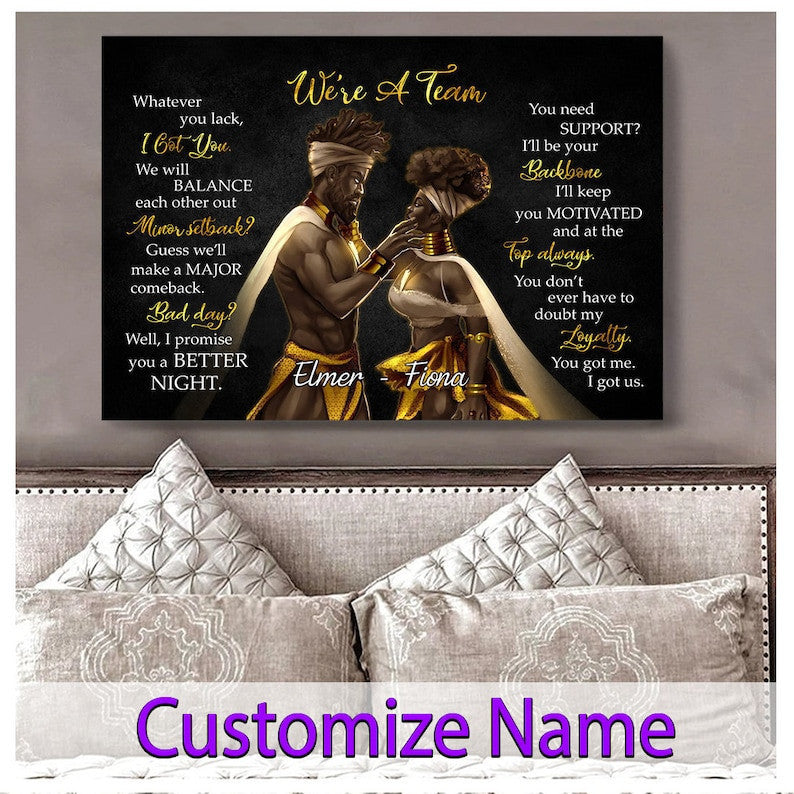 Black Couple King Queen We're A Team Poster Canvas, Valentines Day Gifts, Custom Afro King Afro Queen Poster, Husband Wife Poster