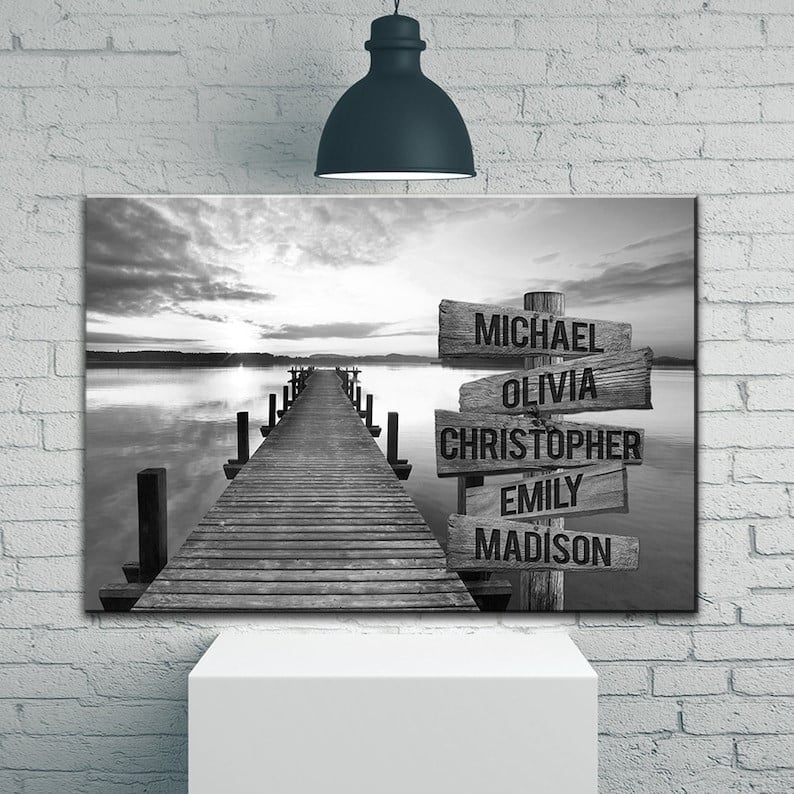 Sunset Lake Dock Personalize Canvas Wall Art With Name, Custom Family Street Sign Canvas, Family Name Canvas Sign, Multi Name Canvas Gift