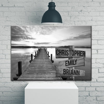 Sunset Lake Dock Personalize Canvas Wall Art With Name, Custom Family Street Sign Canvas, Family Name Canvas Sign, Multi Name Canvas Gift