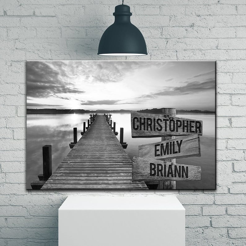 Sunset Lake Dock Personalize Canvas Wall Art With Name, Custom Family Street Sign Canvas, Family Name Canvas Sign, Multi Name Canvas Gift