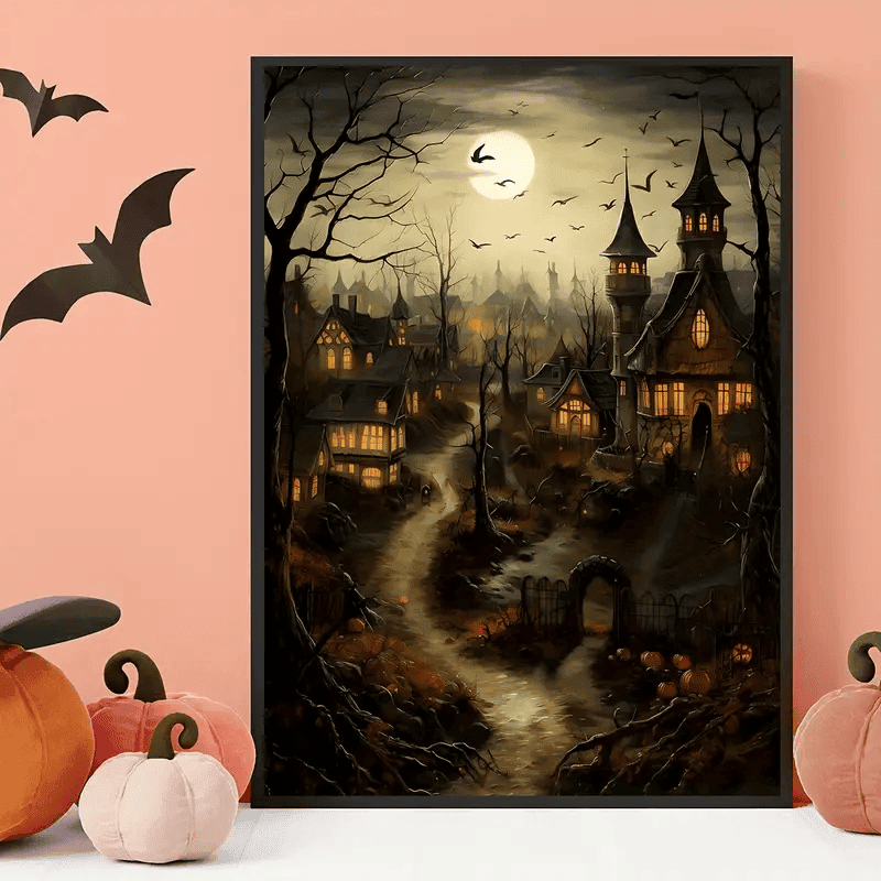 1pc Old Village With Pumpkins, Castle Landscape Halloween Countryside Print, Farmhouse Dark Academia, Cottage Decor, Vintage Poster, Gothic Canvas Painting, Gothic Halloween Decor