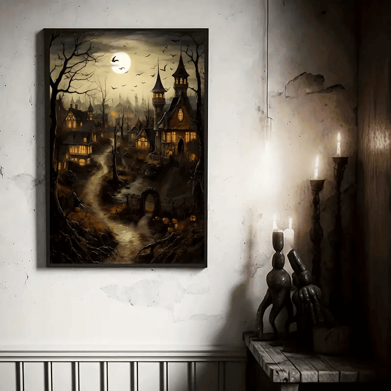 1pc Old Village With Pumpkins, Castle Landscape Halloween Countryside Print, Farmhouse Dark Academia, Cottage Decor, Vintage Poster, Gothic Canvas Painting, Gothic Halloween Decor