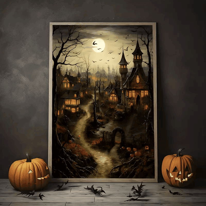 1pc Old Village With Pumpkins, Castle Landscape Halloween Countryside Print, Farmhouse Dark Academia, Cottage Decor, Vintage Poster, Gothic Canvas Painting, Gothic Halloween Decor
